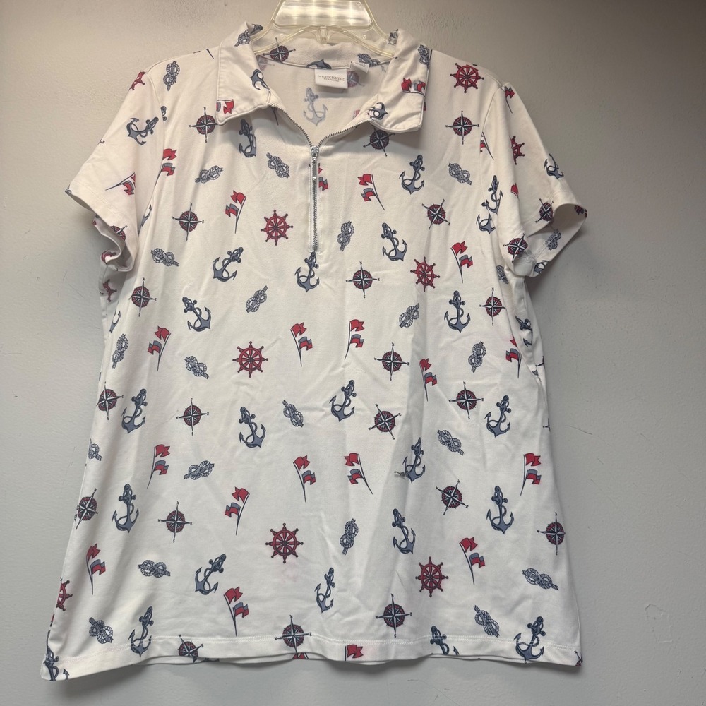 Weekends by Chicos Polo Top Womens 2 White Nautical Anchor Zip Excellent Stretch